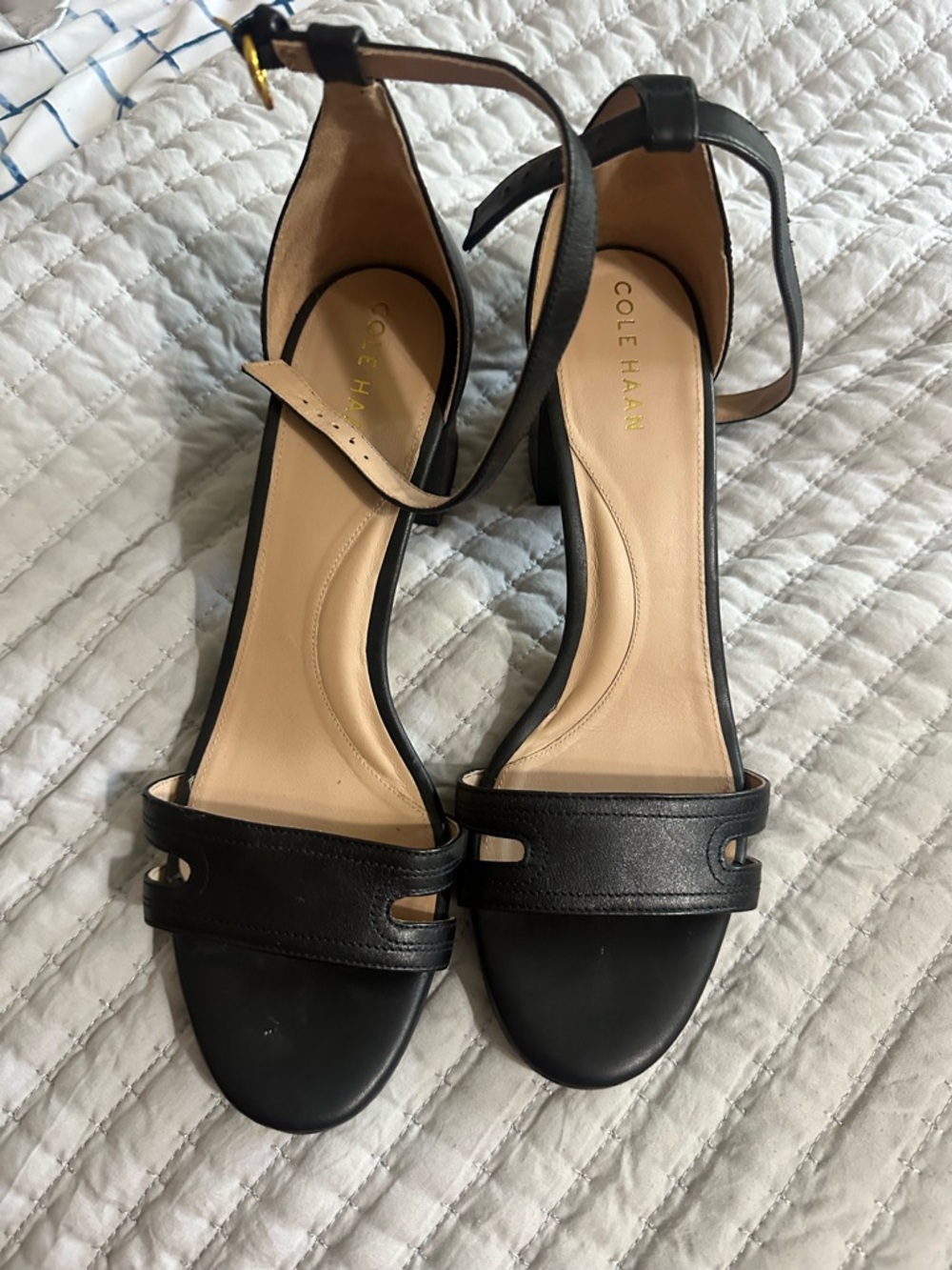 Cole Haan Black Leather Ankle-Strap Block Heel Sandals with Cutout Front